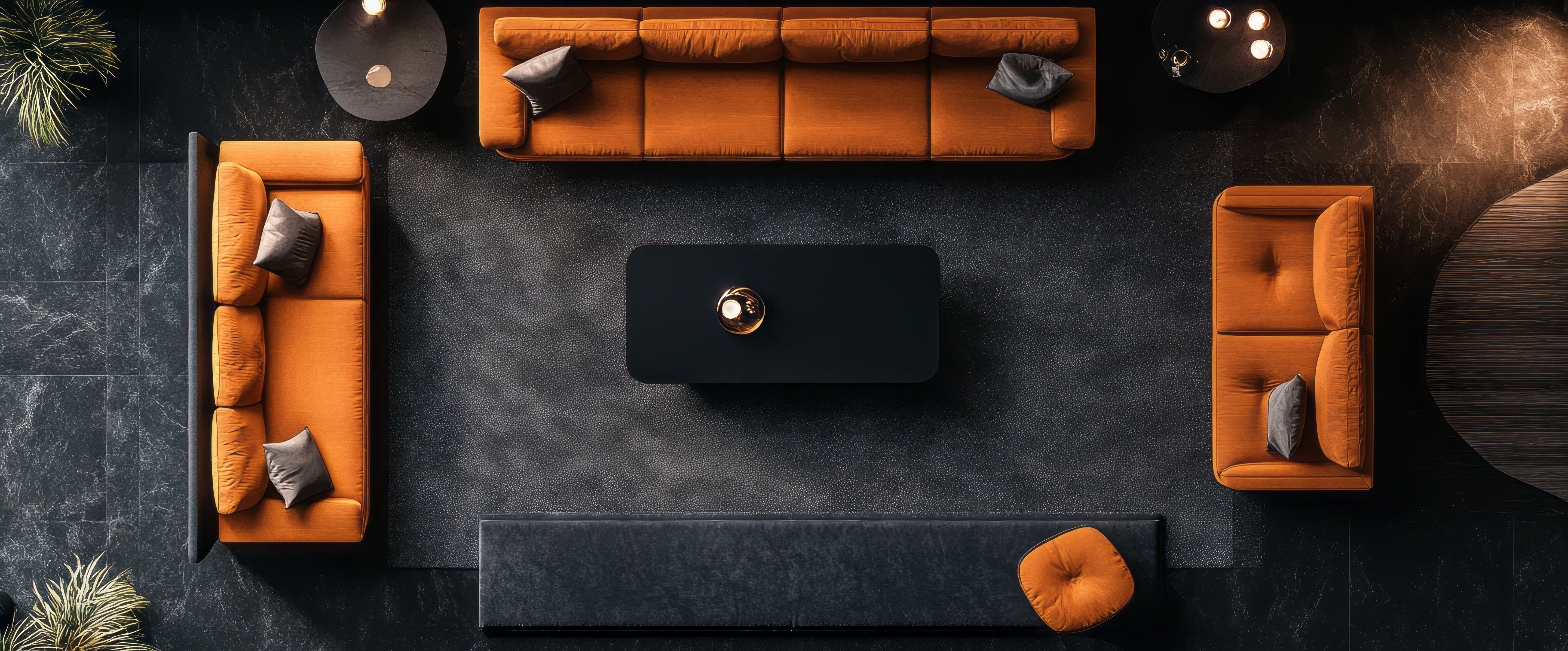 Modern interior with orange sofas and stylish decor for home transformation tips.