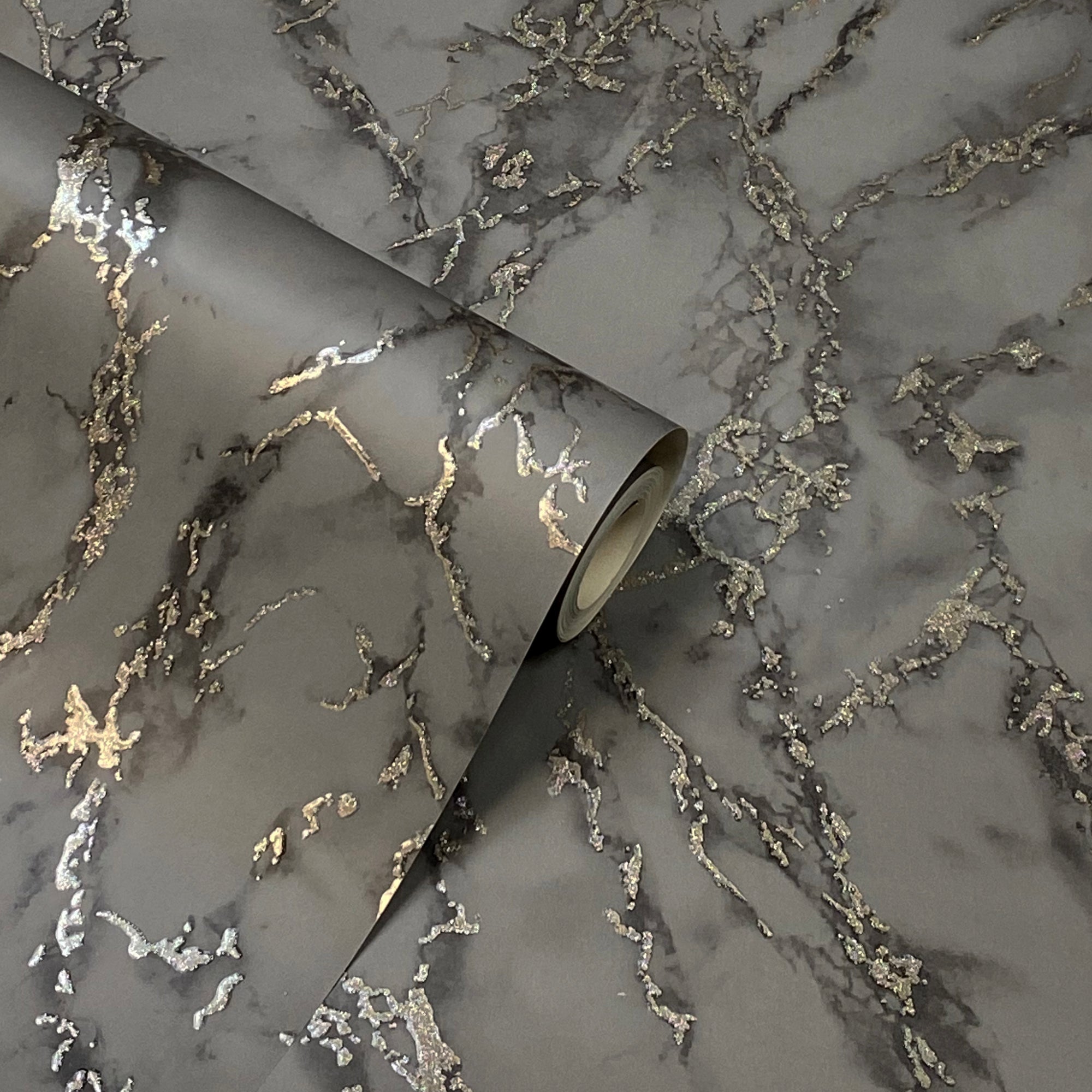 Luxurious silver and grey marble effect wallpaper roll with metallic accents, perfect for modern home decor and interior design.
