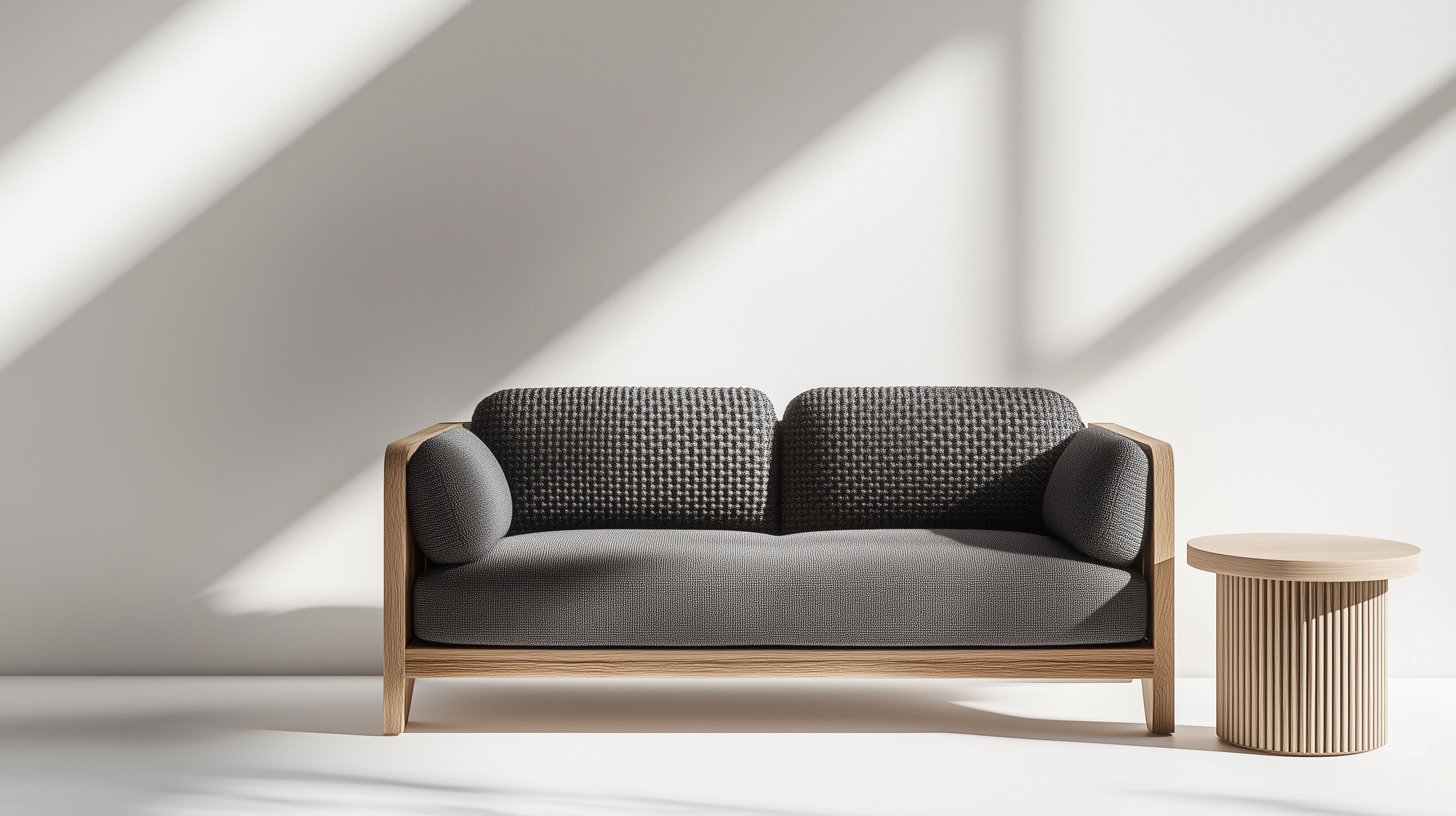 Modern gray sofa with wooden frame next to a round side table in a minimalist living room setting.