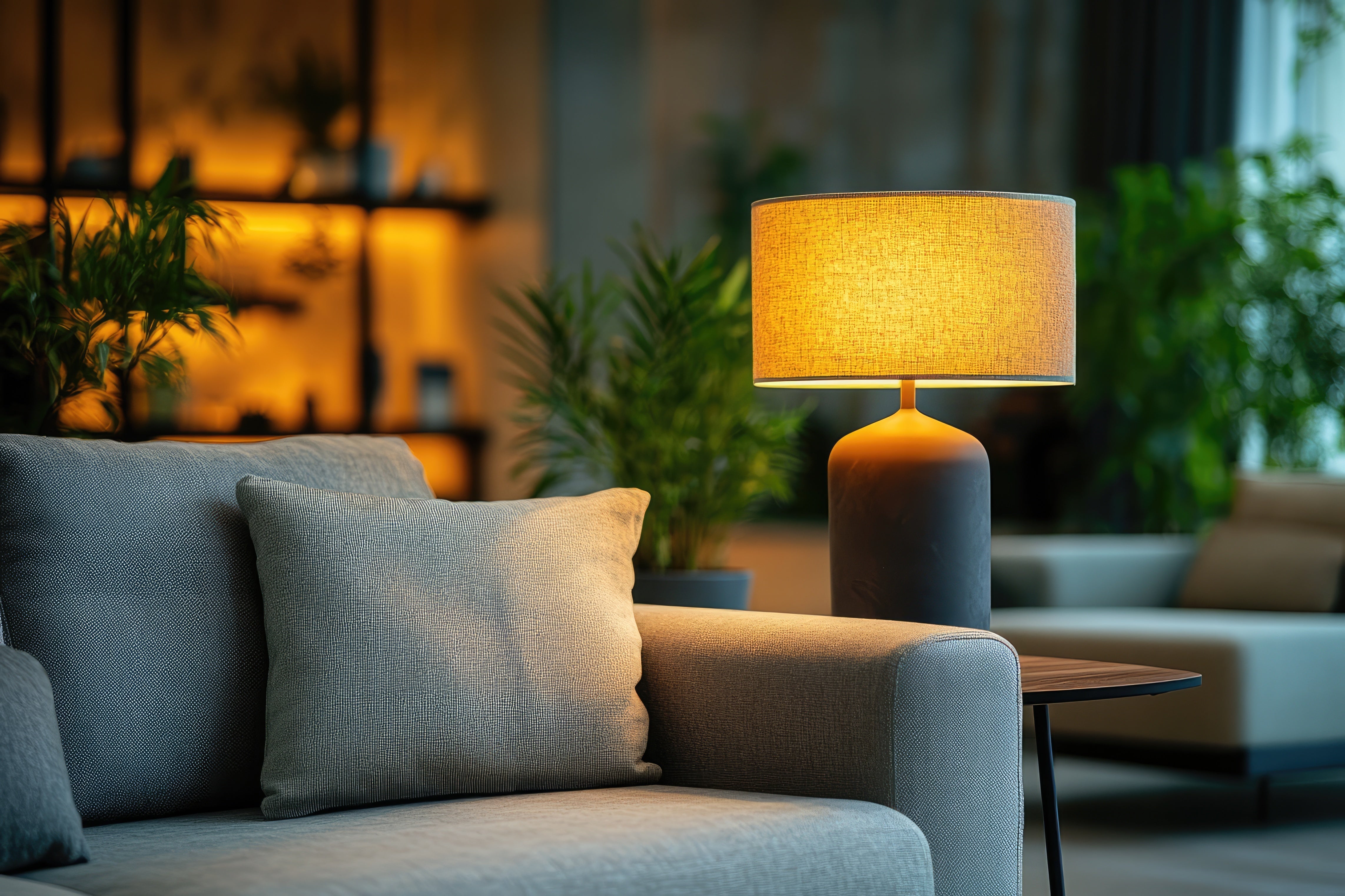 Cozy living room scene featuring a stylish table lamp illuminating a modern sofa with soft cushions, creating a warm, inviting ambiance.