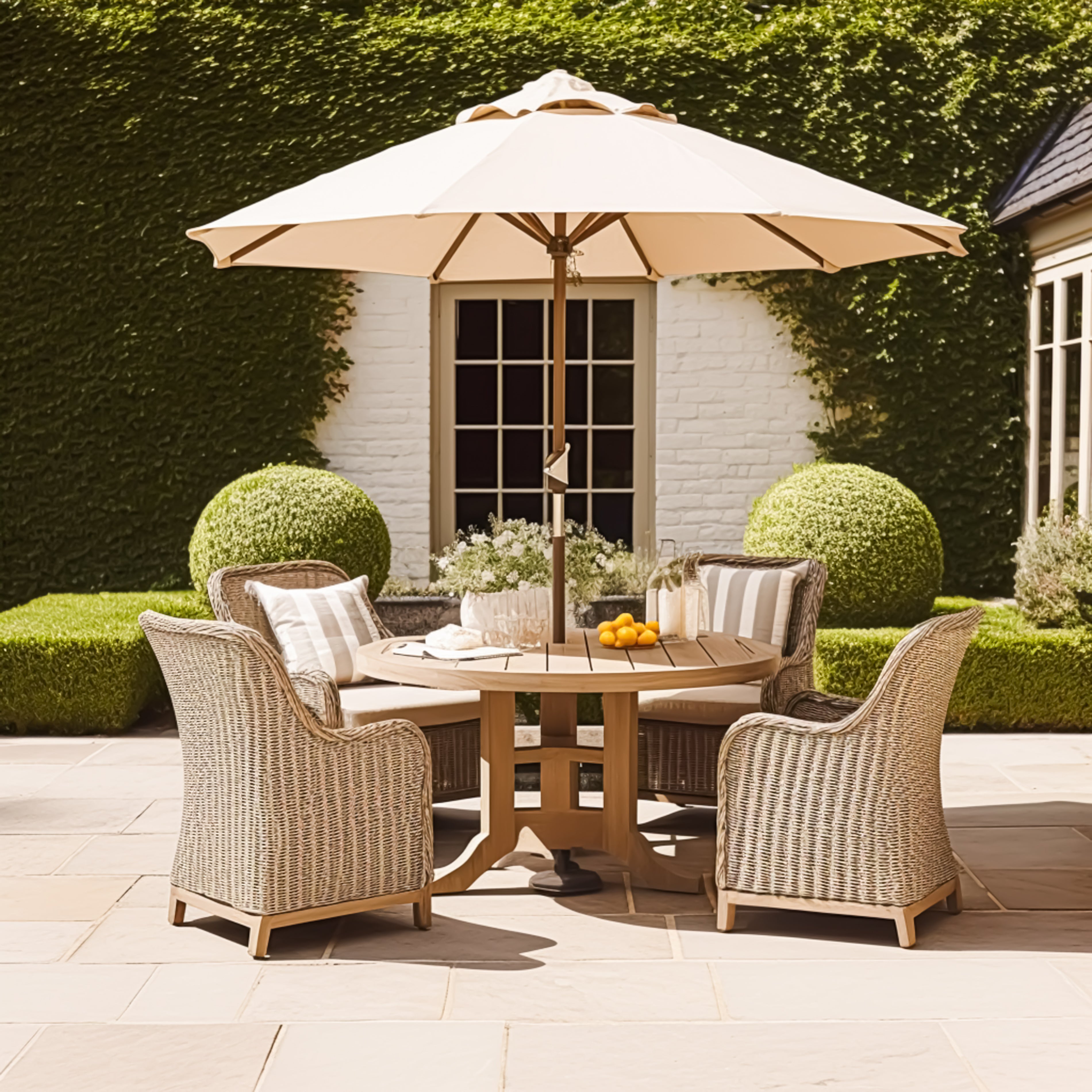 Elegant outdoor patio set with rattan chairs and umbrella, perfect for garden relaxation. Stylish and inviting seating arrangement.