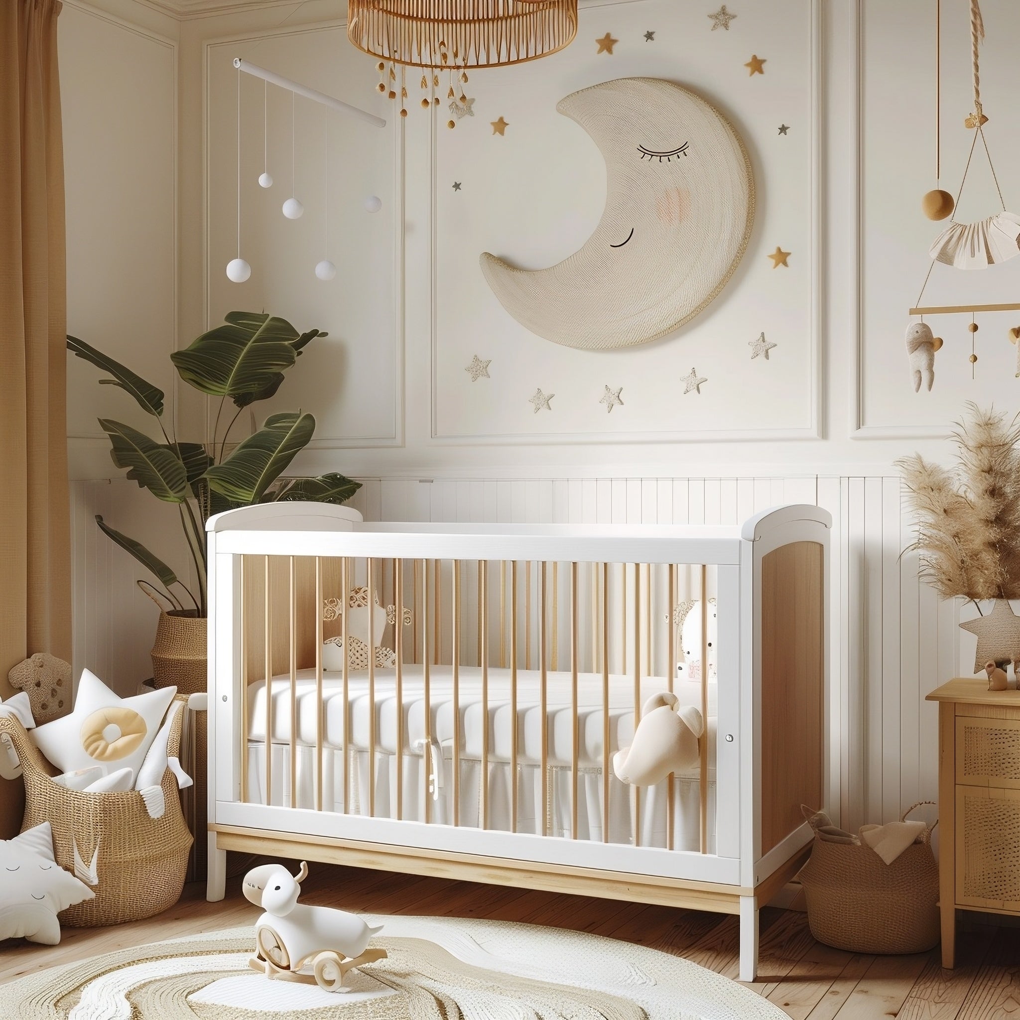 Stylish baby nursery with wooden crib, moon wall art, and cozy decor.