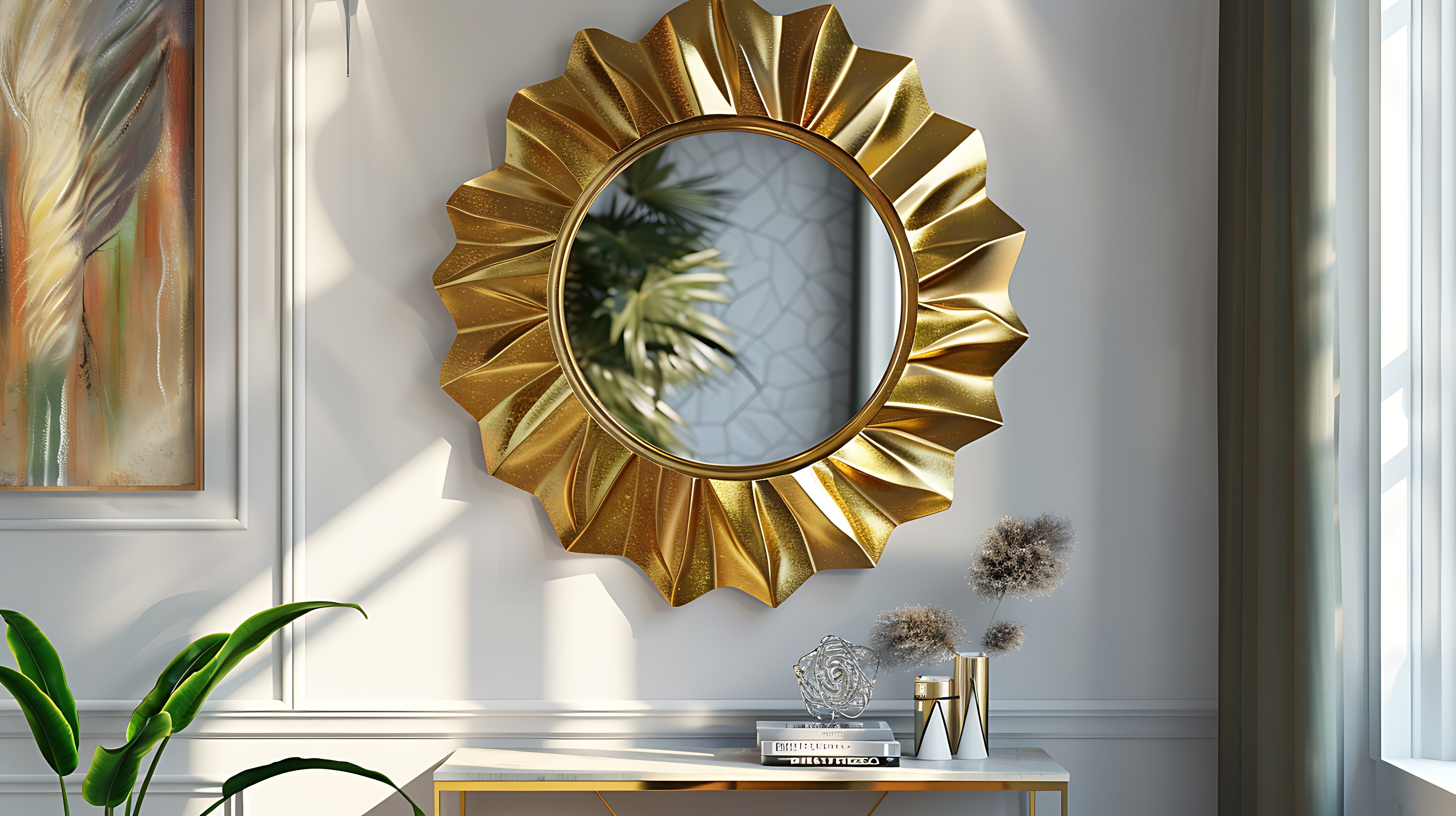 Luxurious gold sunburst mirror reflecting elegant room decor with plants and art, adding sophistication to interior design.