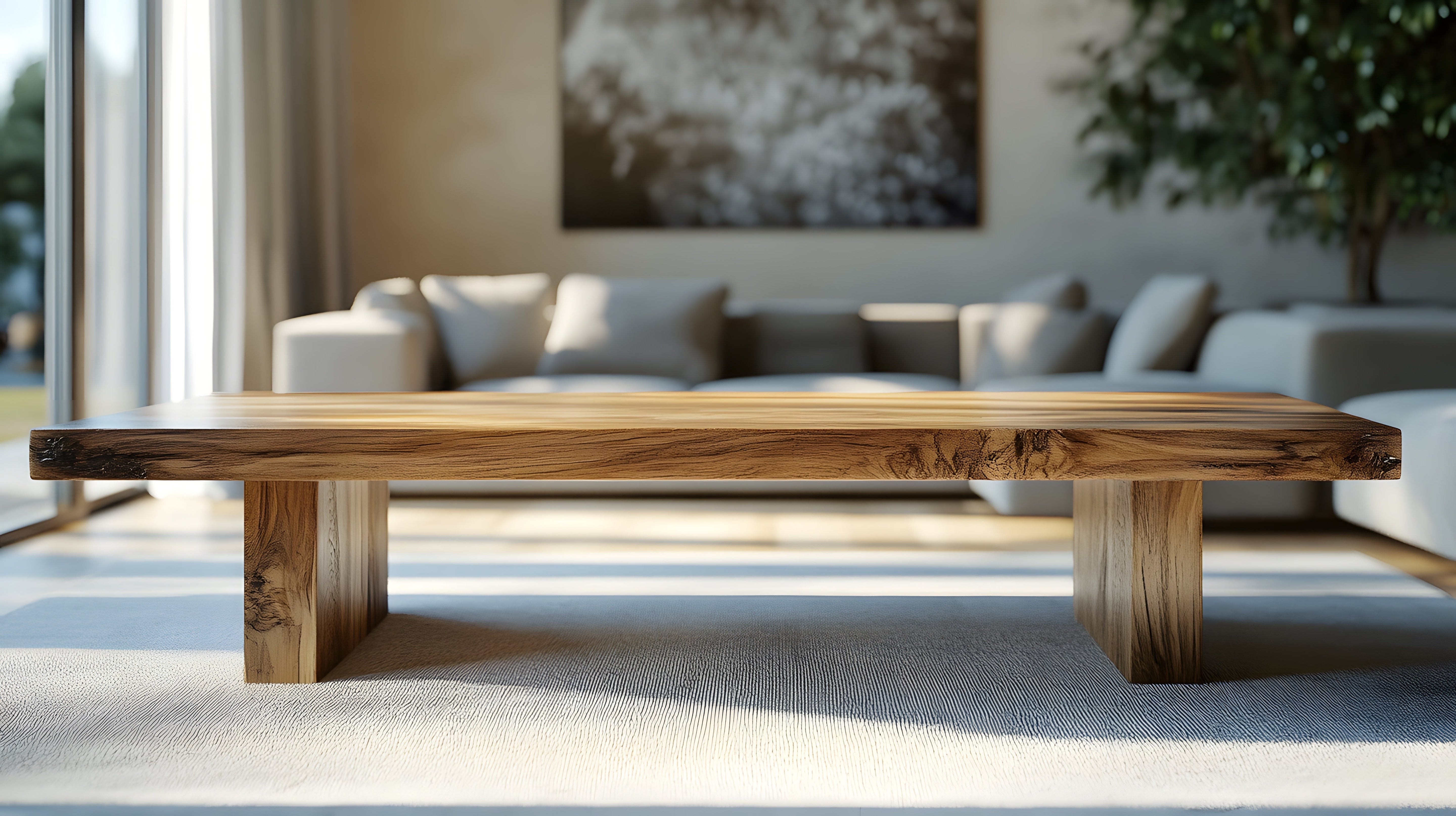 Modern wooden table in sunlit living room with sofa and plant, highlighting elegant interior design and furniture style.