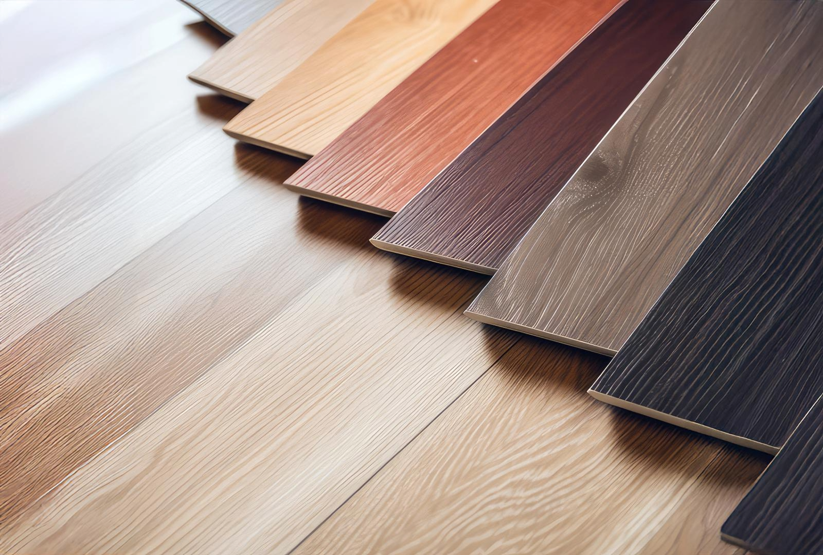 Variety of wood-grain floor tiles in different shades arranged in a fan.