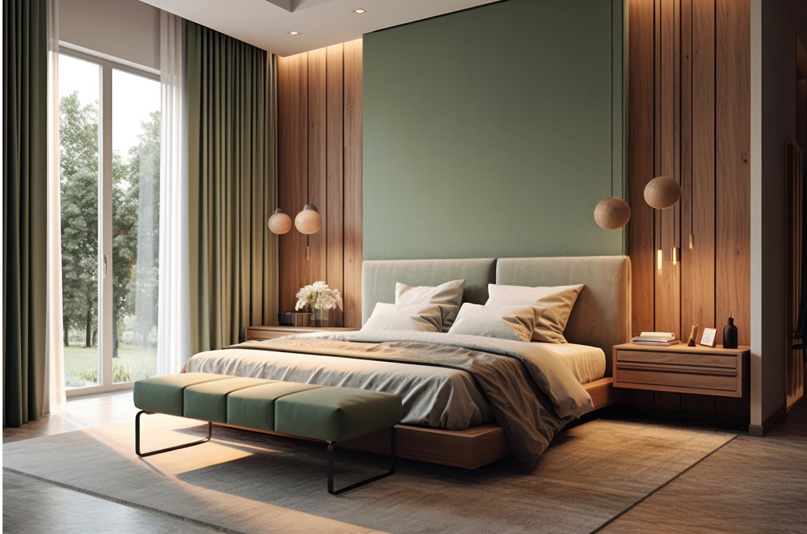 Modern bedroom with green accents, large bed, and floor-to-ceiling windows, offering a serene and stylish interior design.