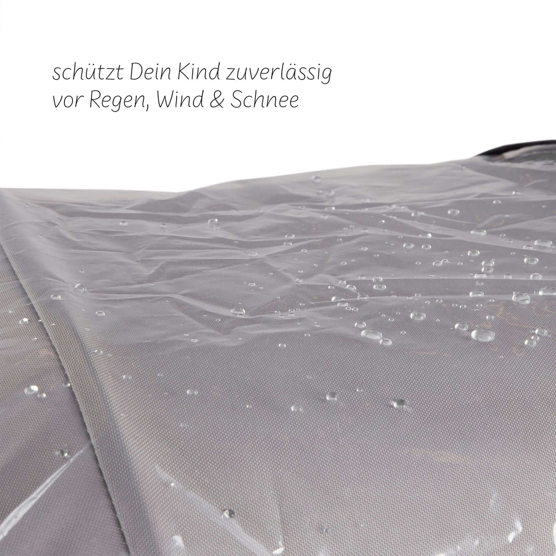 Close-up of ABC Design Double Pushchair Rain Cover with water droplets, showcasing luxury furniture accessories for modern families.