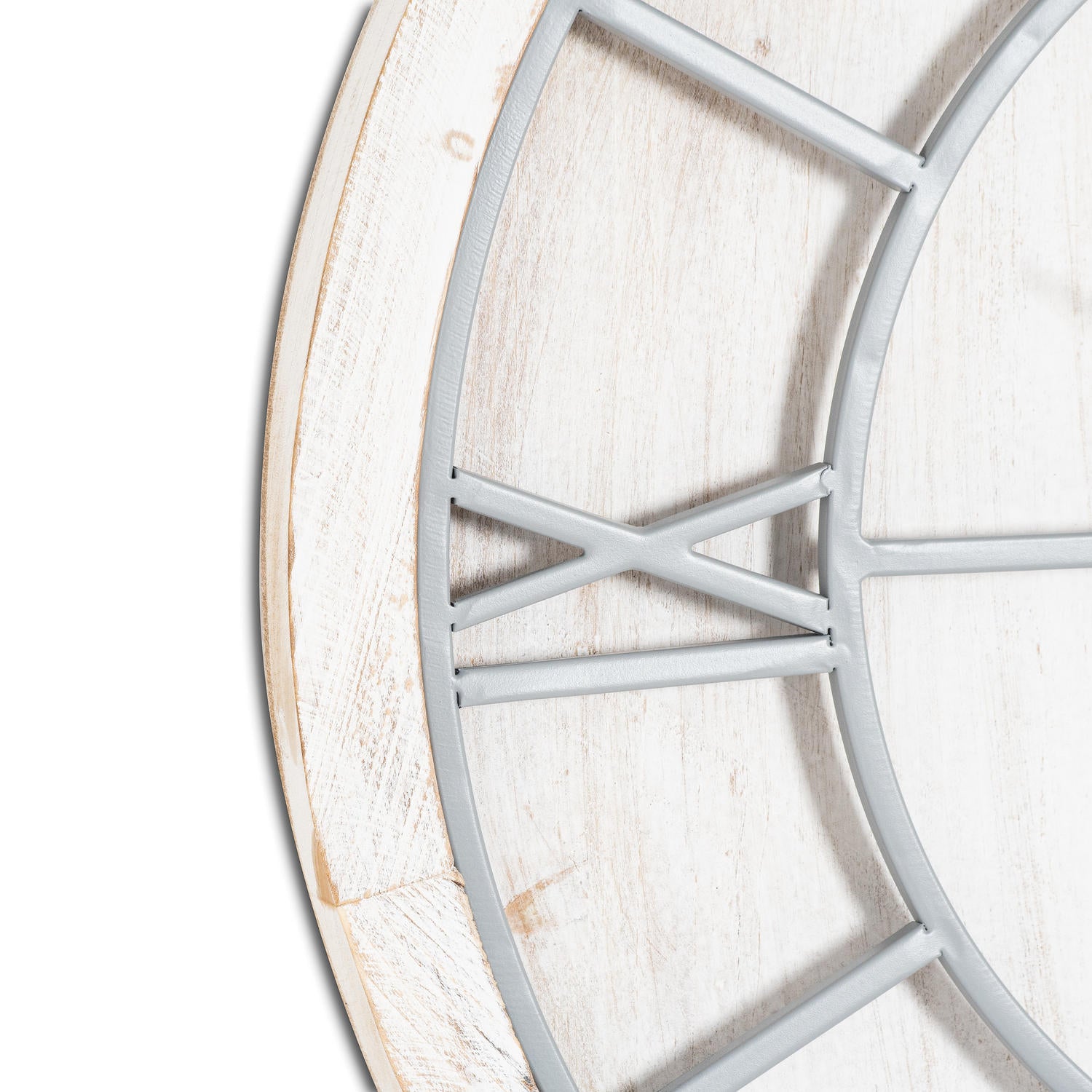Alt Tag: Williston White Wall Clock with light grey metal roman numerals on white washed wood, perfect for luxury home decor.