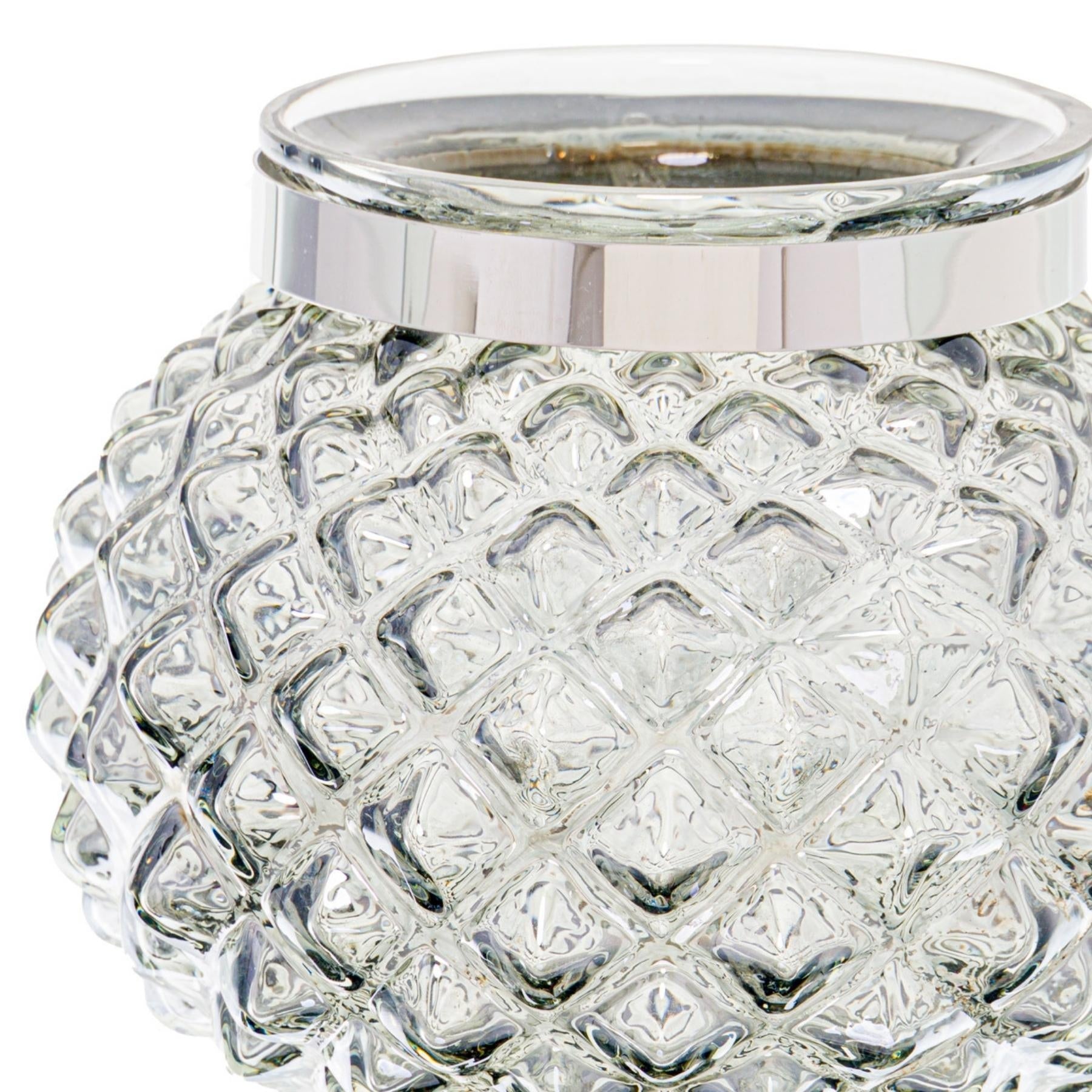 Smoked Midnight Combe Candle Holder with diamond-cut design and silver rim, luxury modern furniture for premium home decor.