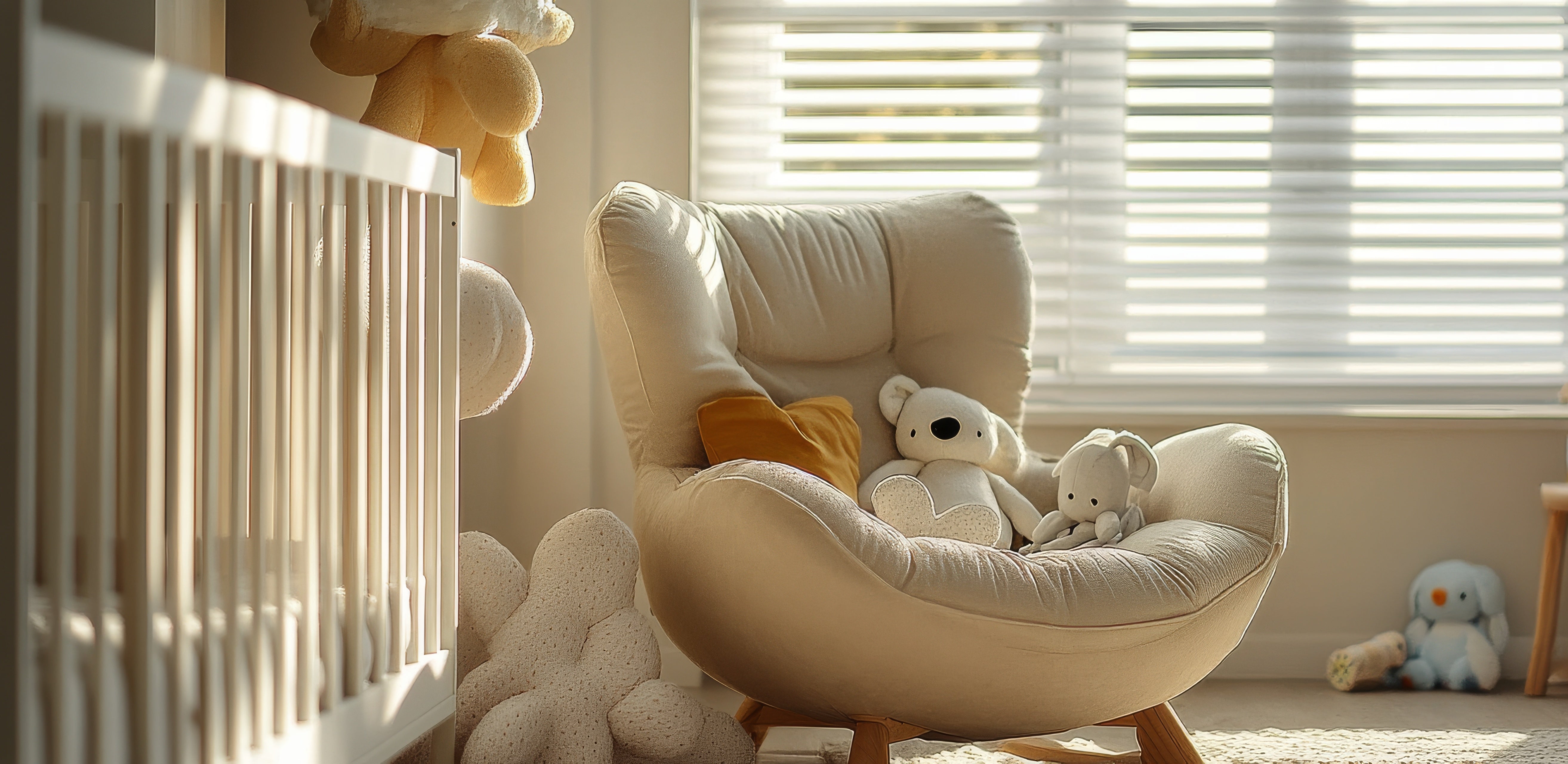 Stylish nursery with cozy armchair and teddy bears, brightened by natural sunlight through window blinds.