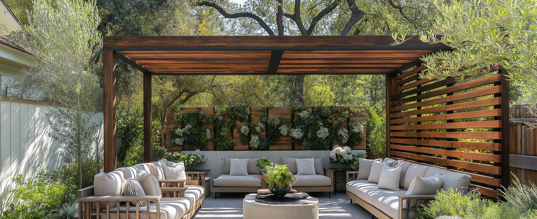 Luxury outdoor patio with wooden pergola, stylish furniture, and lush greenery, creating a serene and elegant garden retreat.