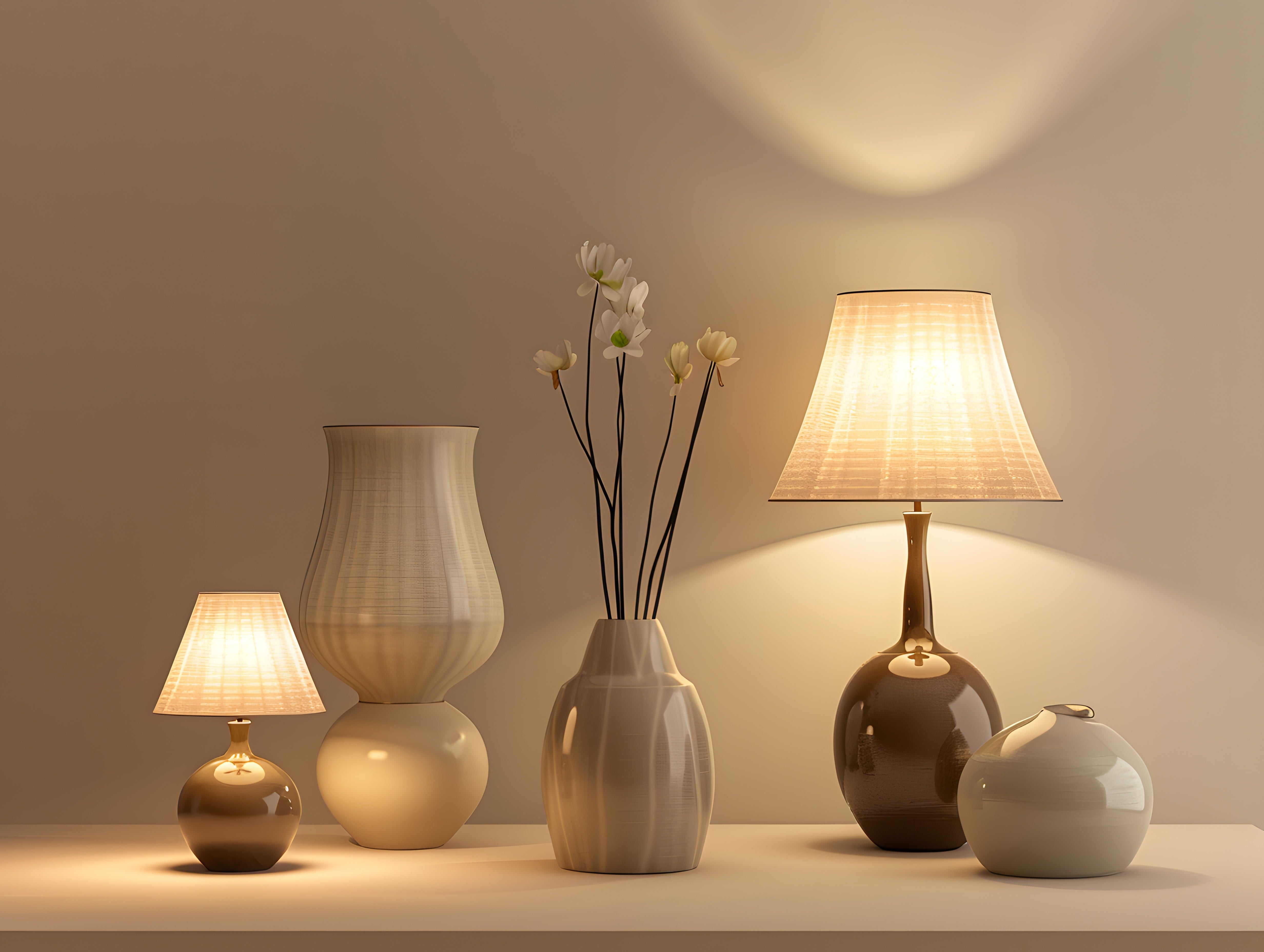 Elegant arrangement of table lamps and vases casting a warm glow on a minimalist shelf, showcasing modern interior design.