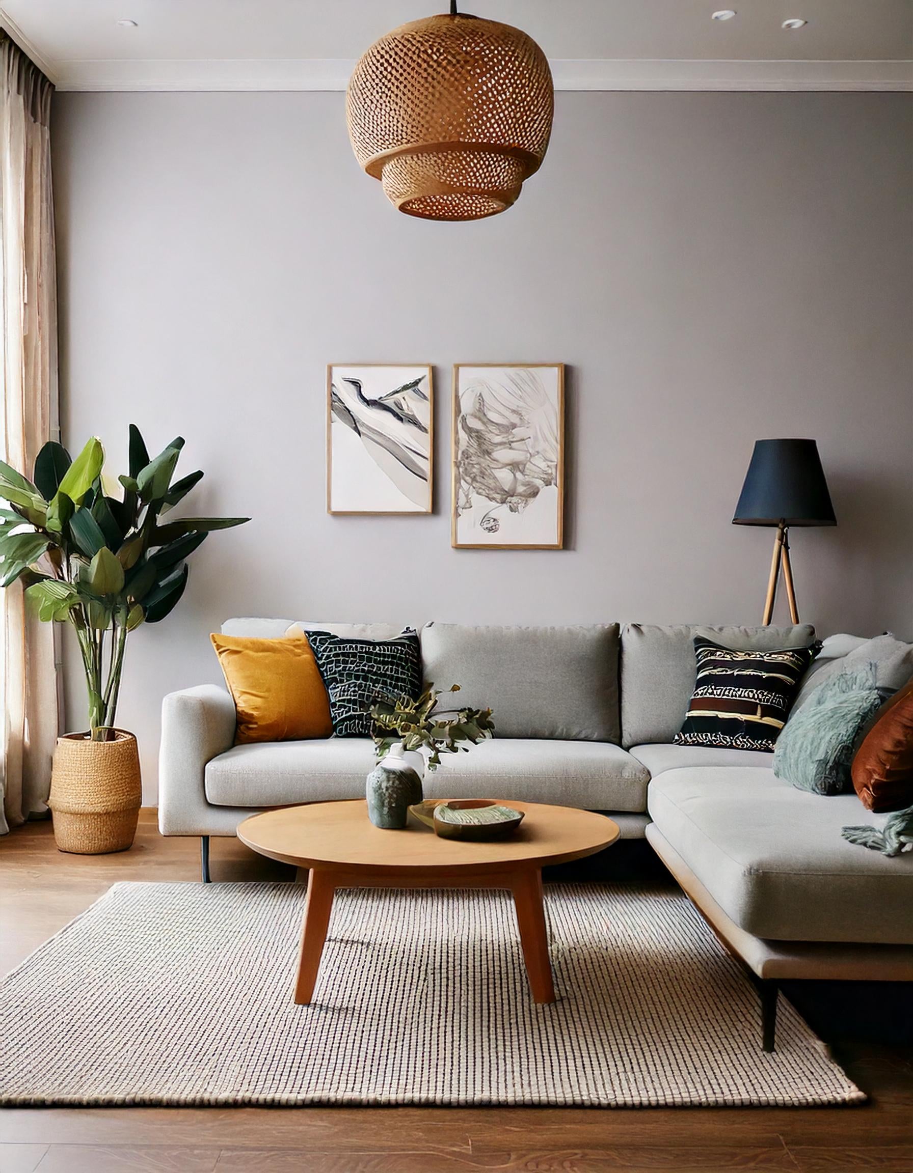 Modern living room with gray sofa, wooden coffee table, and stylish decor featuring framed art and plants.