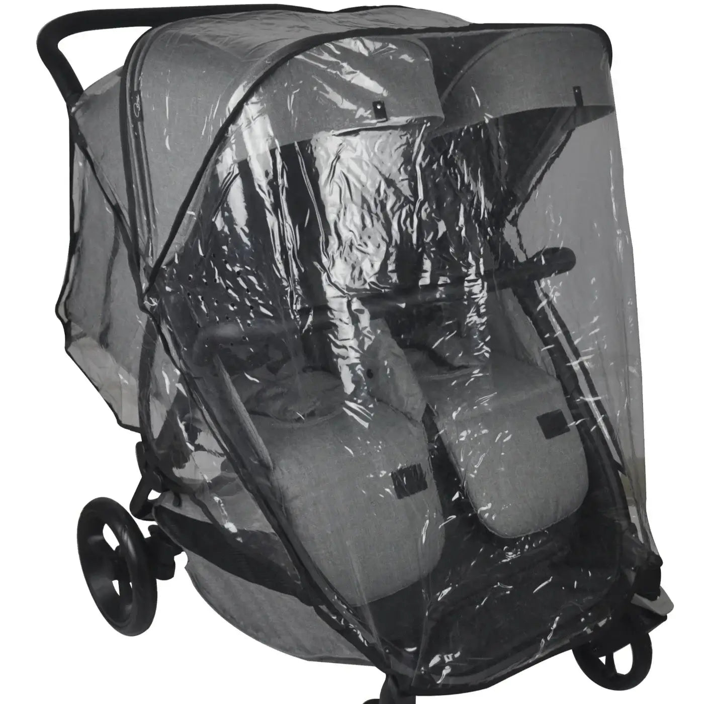 Roma Gemini Rain Cover on double pram, luxury designer furniture by Roma, premium modern home furnishings, rain protection
