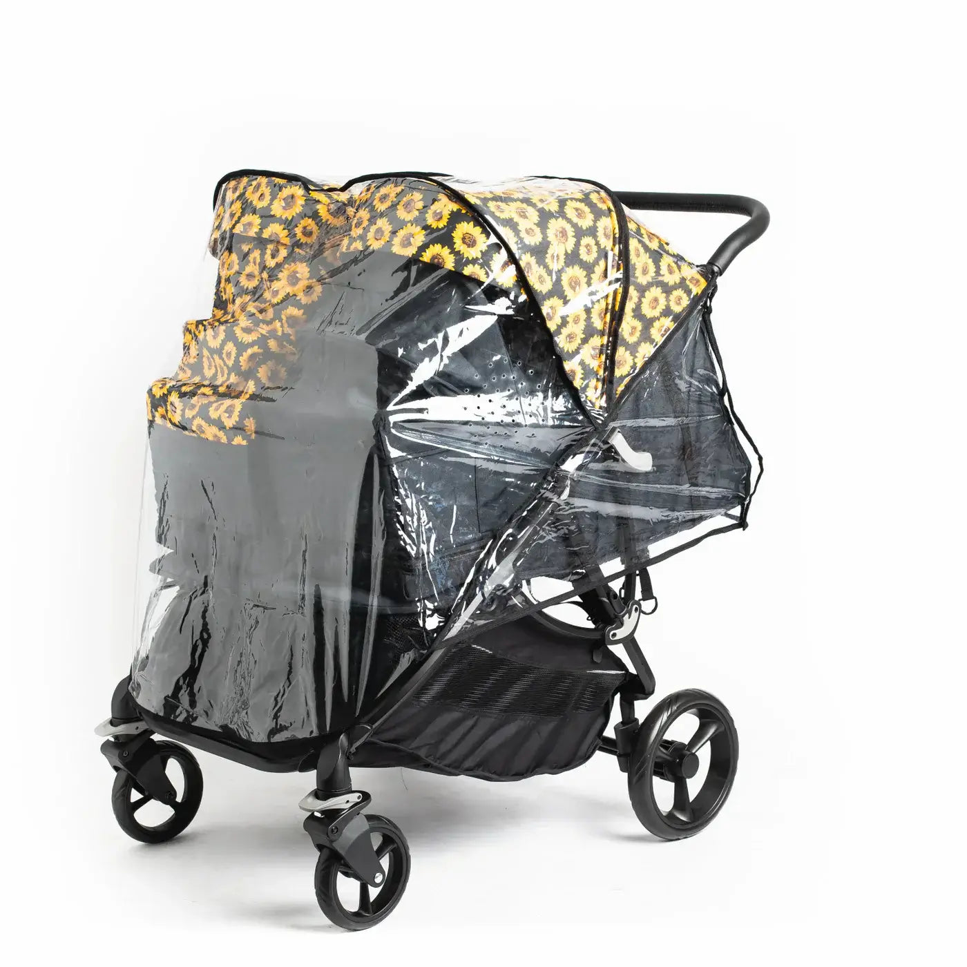 Roma Gemini Rain Cover on Side-by-Side Double Pram with transparent shield, luxury furniture design, modern furnishing style.