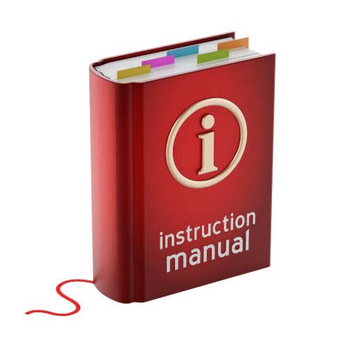 Instruction manual with colorful tabs and ribbon, featuring a red cover and informational icon.