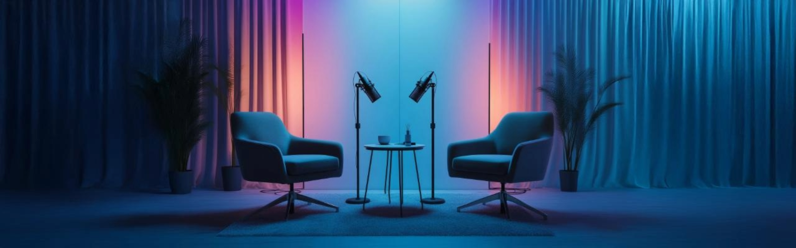 Modern lounge setup with two armchairs, side table, and ambient lighting in blue and orange hues, creating a cozy atmosphere.