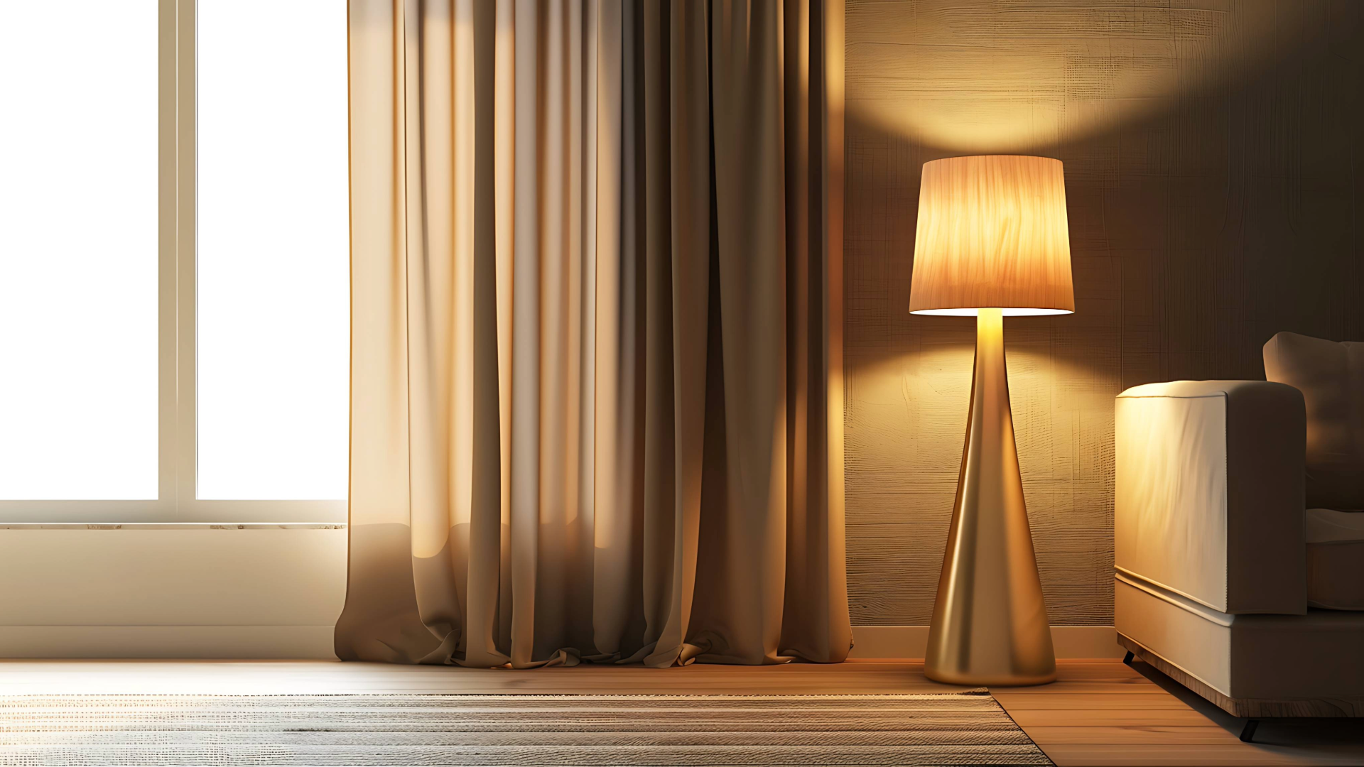 Modern living room with a floor lamp casting warm light, sheer curtains, and a cozy sofa. Elegant interior design.