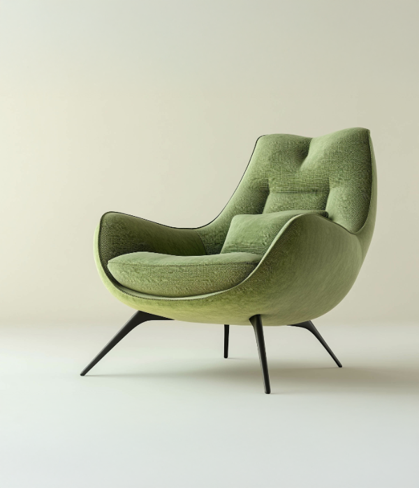 Modern green armchair with sleek metal legs on a neutral background, showcasing contemporary comfort and design elegance.