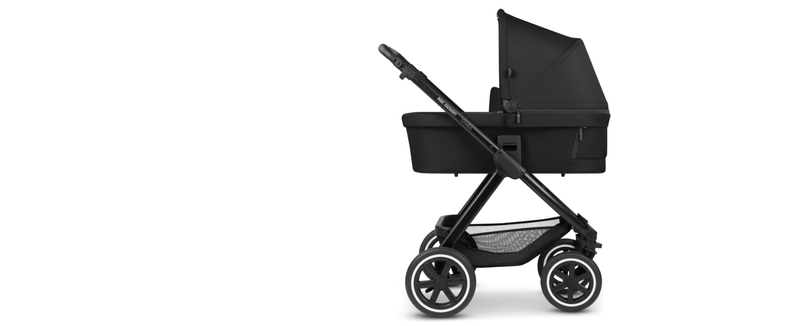 Black baby stroller with large wheels and adjustable canopy, side view, designed for comfort and convenience
