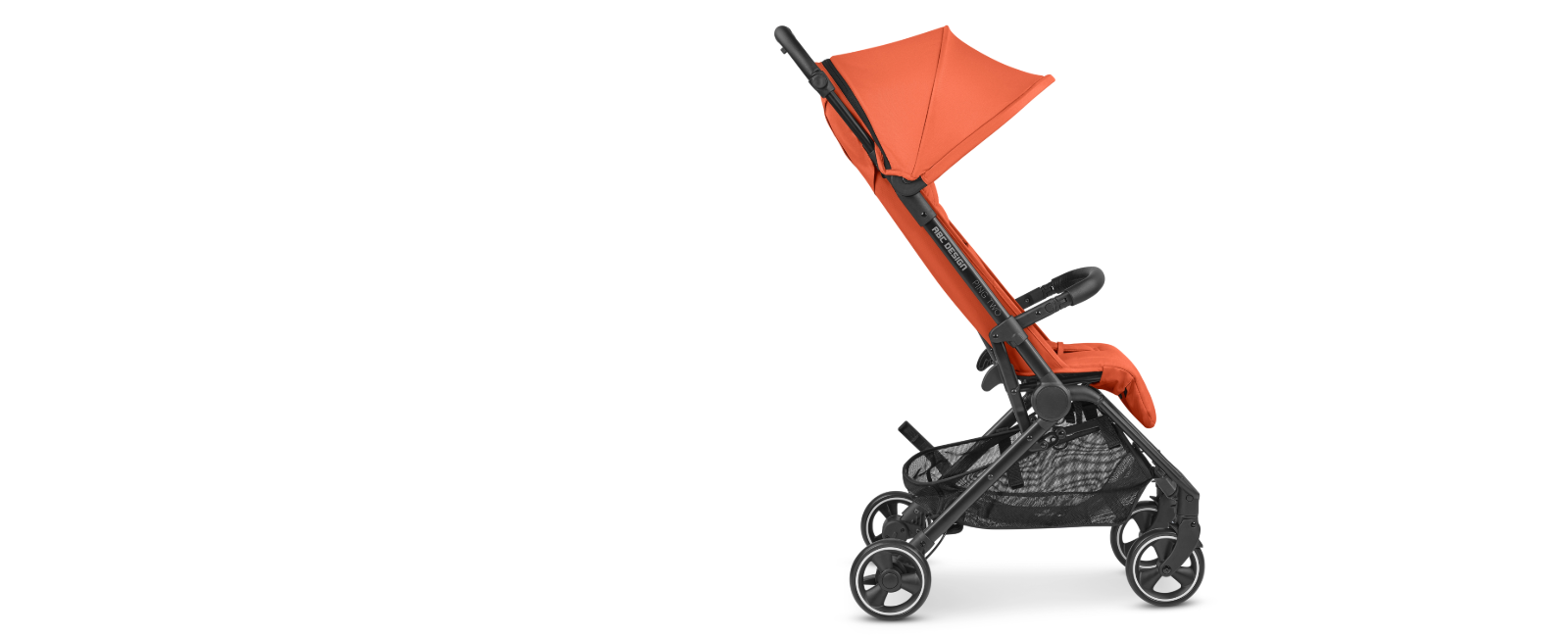 Side view of a compact, foldable orange stroller with a sleek frame and storage basket, designed for urban mobility.