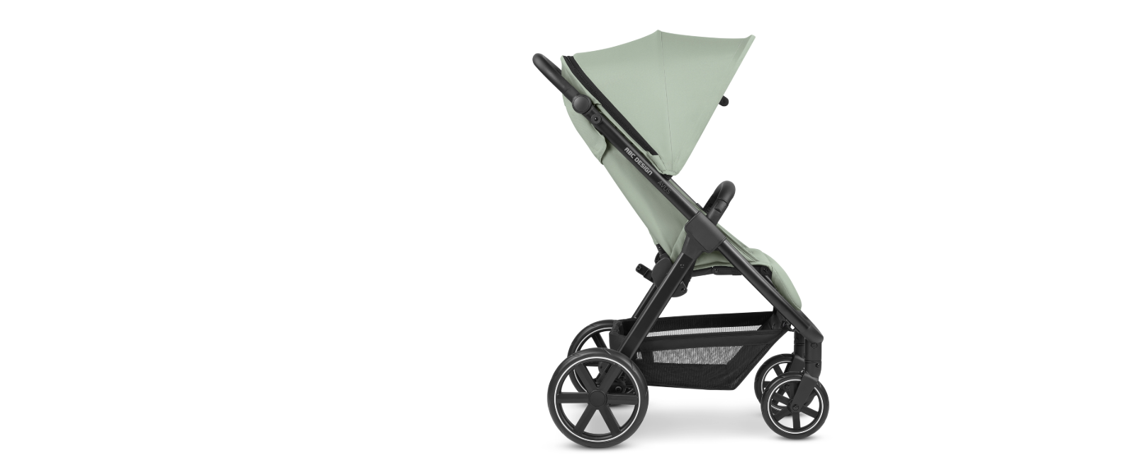 Sleek modern baby stroller with a matte black frame and green canopy, designed for comfort and style in urban environments.