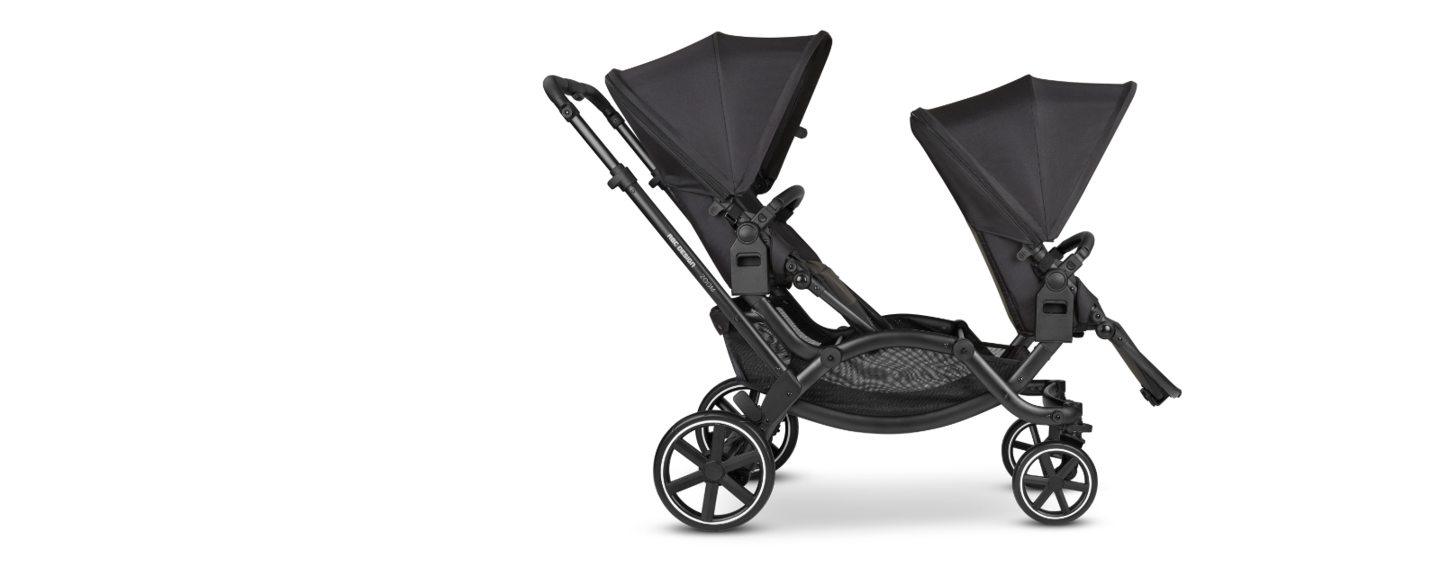 Side view of a sleek double stroller with two adjustable seats and large wheels, designed for easy maneuverability and comfort.