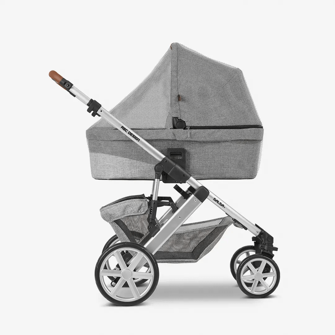 Luxury designer grey pram featuring ABC Design Universal Mosquito Net in black, perfect for modern family trips and premium home decor.