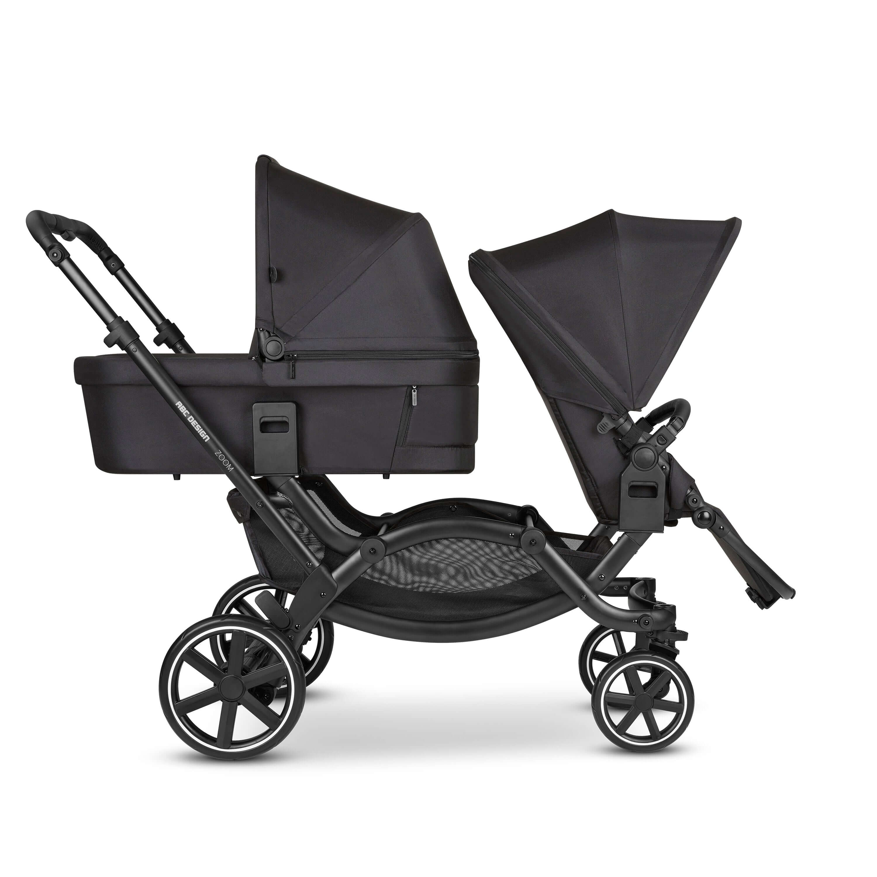 ABC Design Zoom Double Pushchair – luxury modern stroller with comfort seat, large wheels, and suspension for smooth rides. Designer furniture.