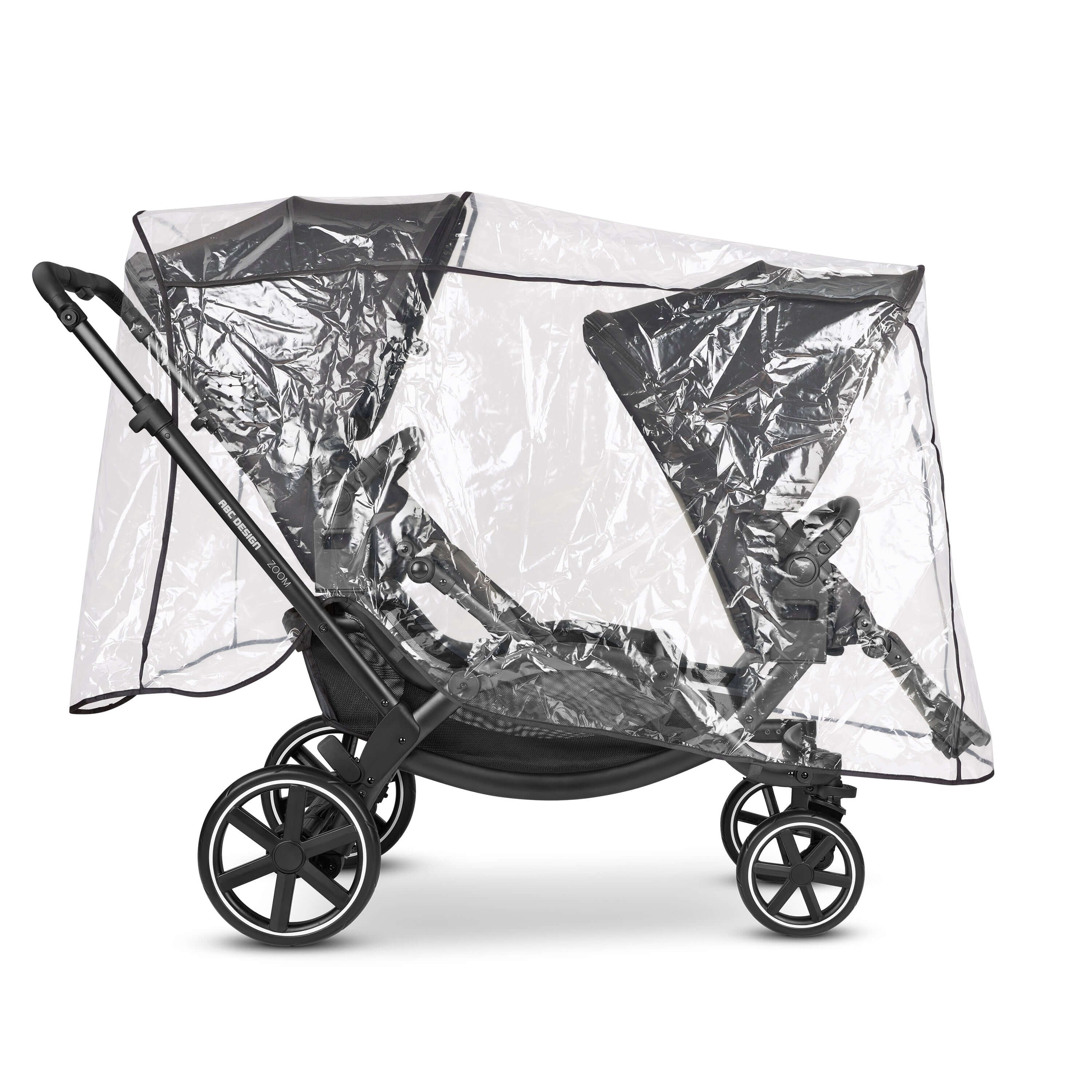ABC Design Double Pushchair Rain Cover on Zoom with luxury rain protection for modern double strollers, designer furniture accessory.