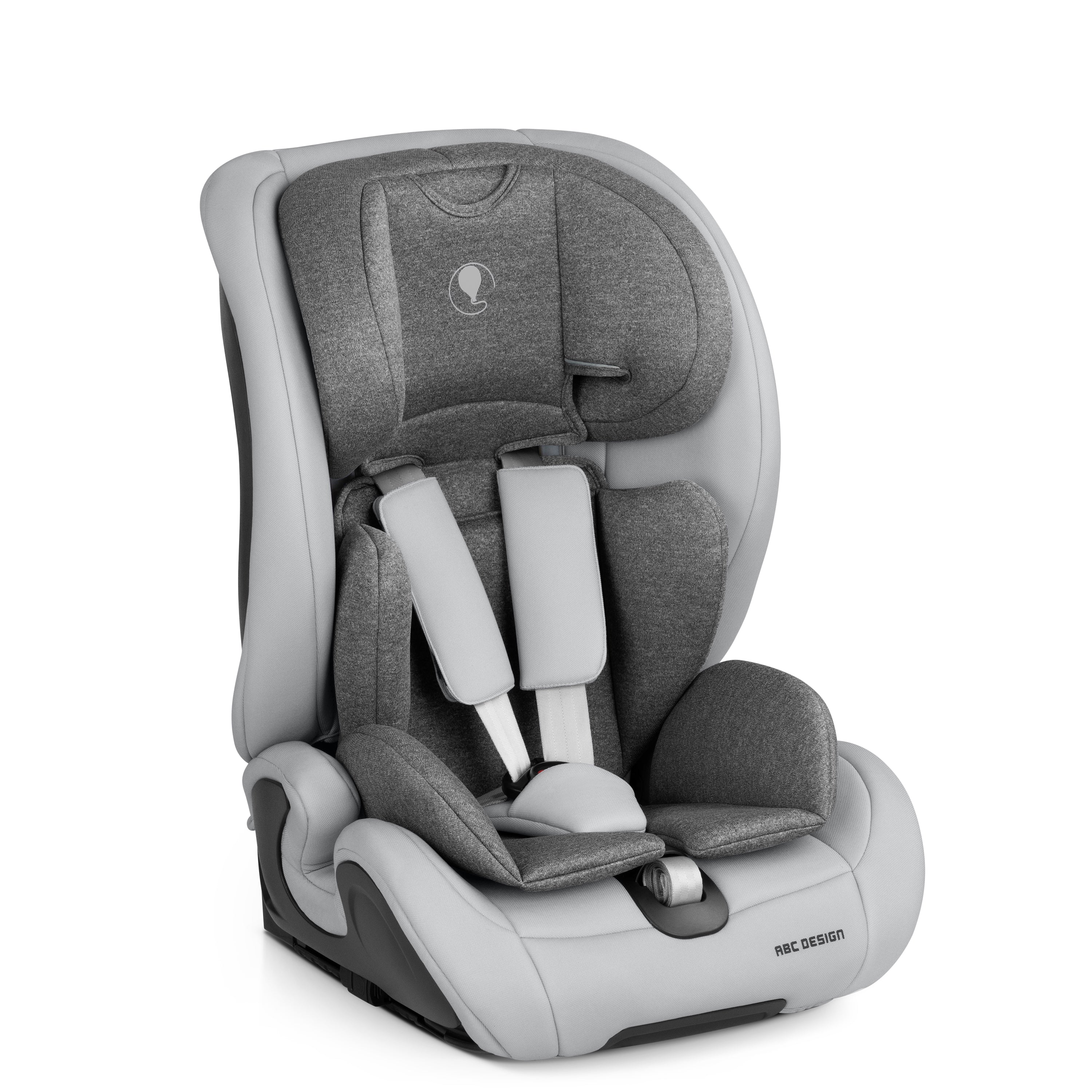 Gray ergonomic child car seat with five-point harness, featuring a sleek and modern design for comfortable and safe travel.