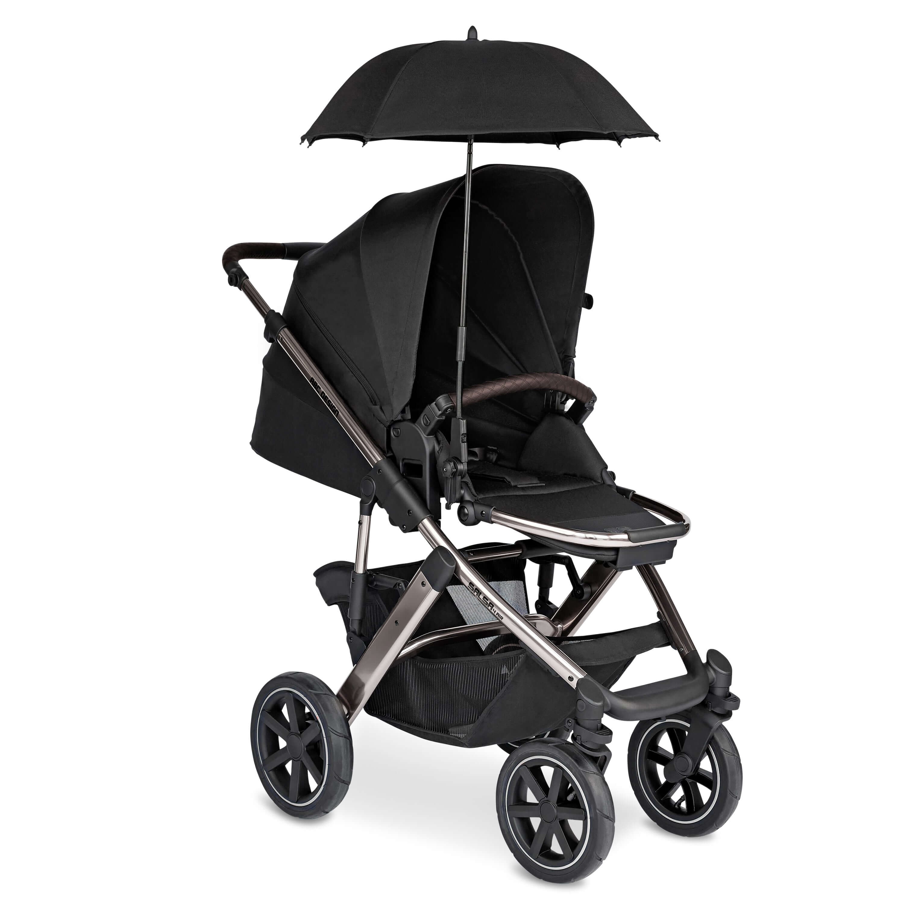 Luxury black parasol on ABC Design stroller for stylish baby protection, premium modern outdoor accessory.