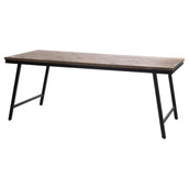 Modern rectangular wooden dining table with black metal legs on white background.