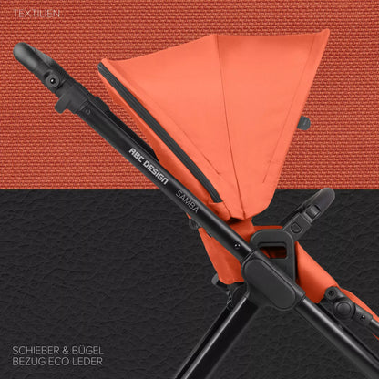 Side view of an orange stroller with eco-leather details against a textured background, highlighting modern design features.