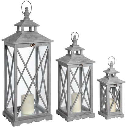 Set of Three Wooden Lanterns with Cross Section Design – Luxury and Designer Furniture for Modern Home Decor.