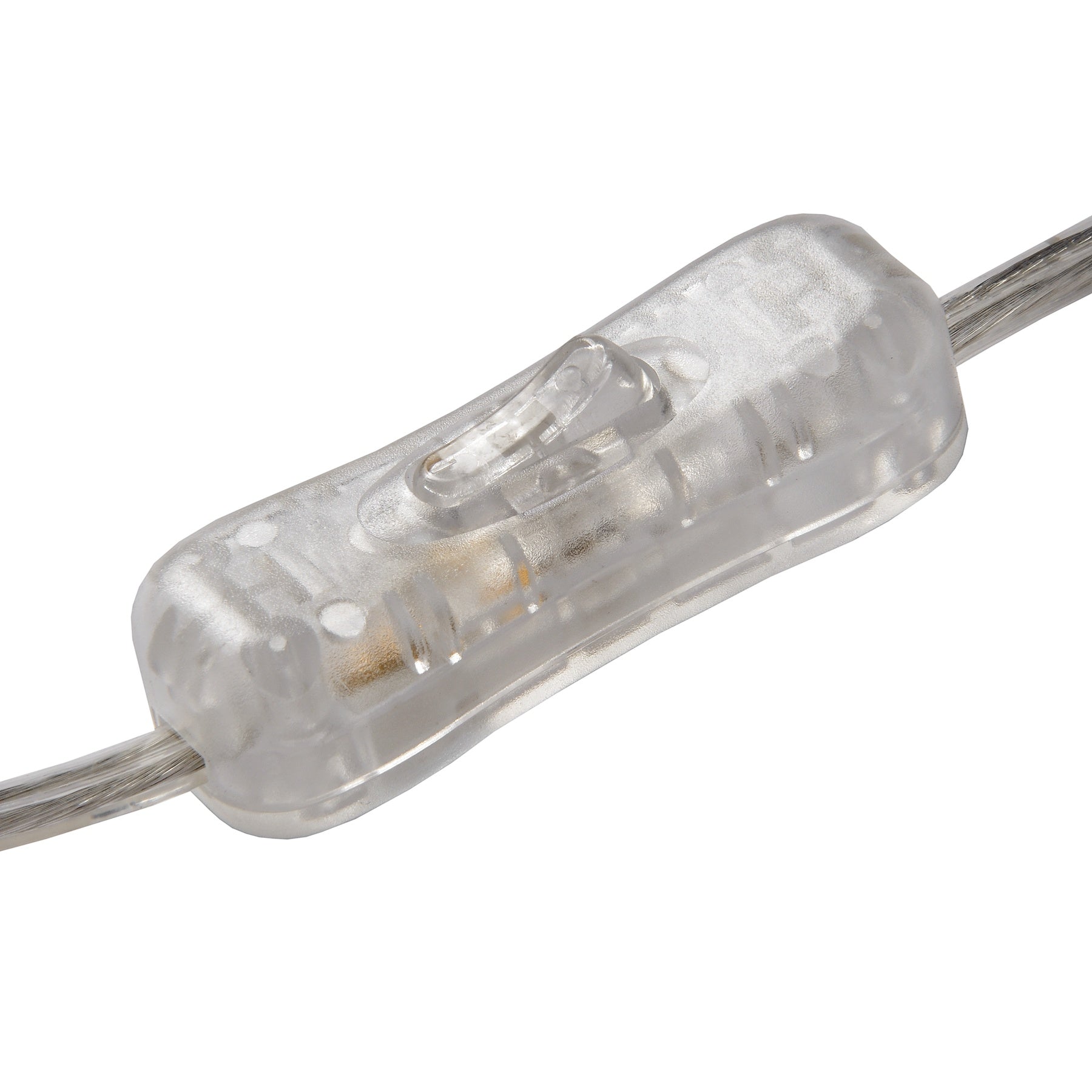 Close-up of a clear plastic inline switch on a cable, suitable for modern lighting products.