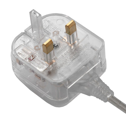 UK plug showing transparent casing and gold prongs, highlighting safety feature and cord connection in modern design.