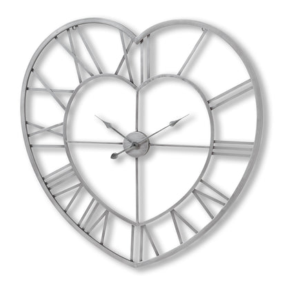 Silver Heart Skeleton Wall Clock with Roman numerals, luxury designer furniture for modern home decor. Premium home furnishings.