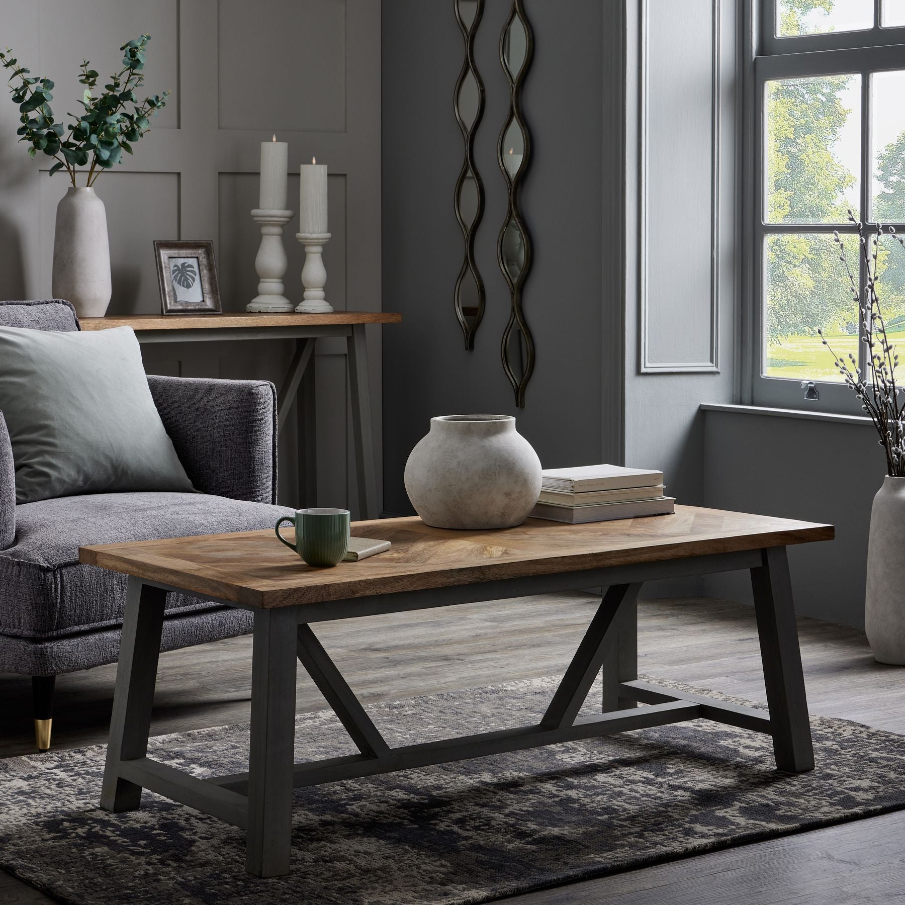 Cozy living room with modern rustic table and elegant Decor, featuring Luxury and Designer Furniture. Premium Home Furnishings in style.
