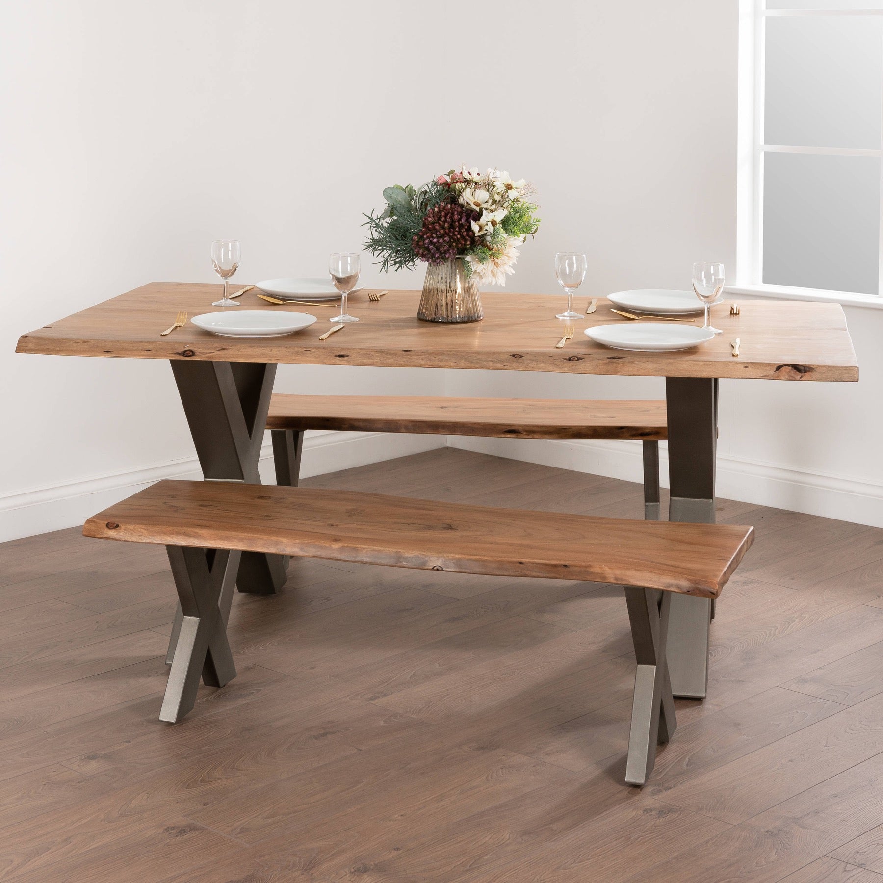 Live Edge Collection Bench – Luxury Designer Furniture by Vendor. Acacia wood bench with industrial metal legs. Premium Modern Home Decor.
