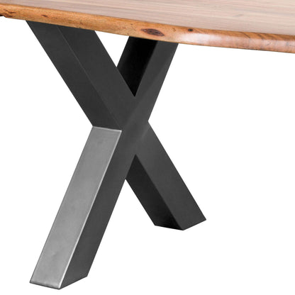 Luxury Dining Table with Live Edge Acacia Wood Top, Modern Industrial Metal Cross-Frame Legs, Designer Furniture Collection