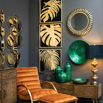 Luxury designer living room with square decorative hanging collage mirror in gold, featuring modern furniture and premium home decor.