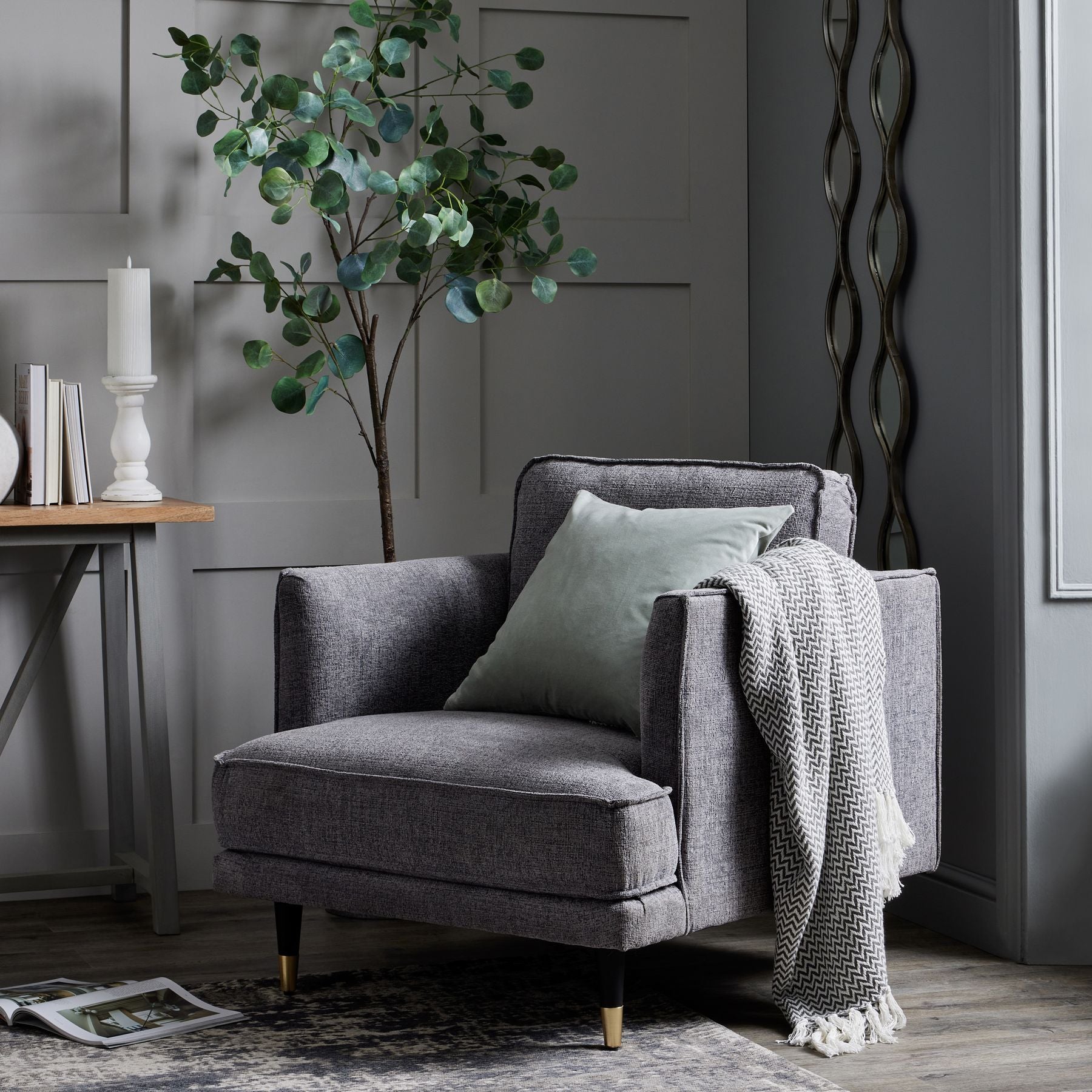 Alt Tag: Hampton Grey Large Arm Chair – Luxury and Designer Furniture by Vendor. Modern grey armchair in a curated home setting.