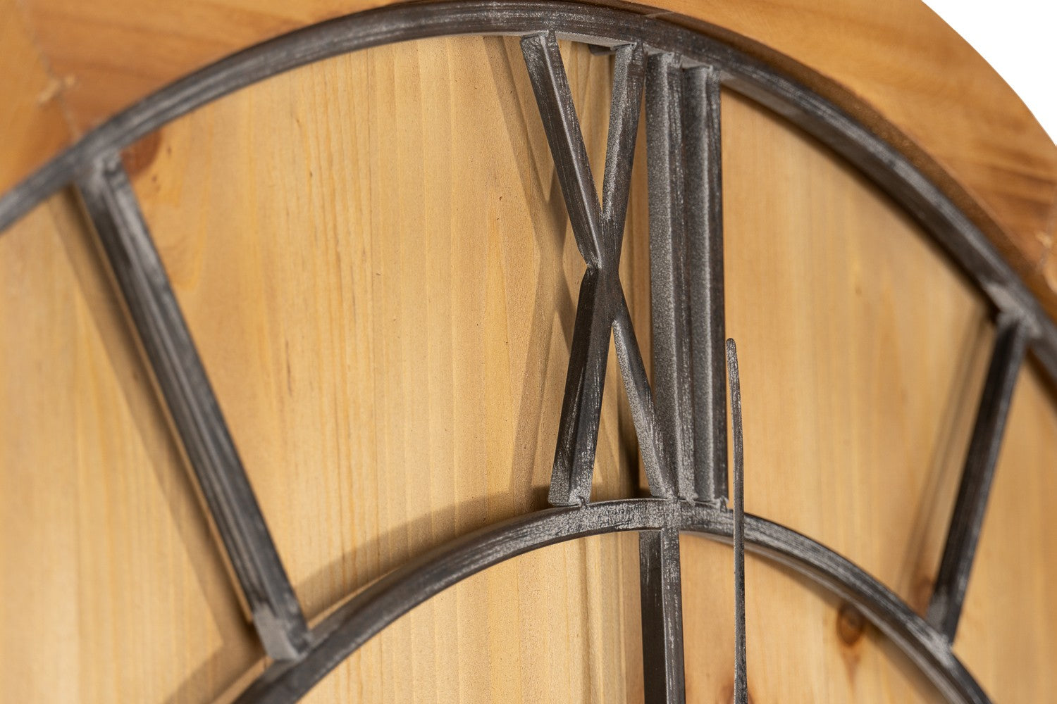 Close-up of Williston Wooden Wall Clock with grey metal Roman numerals, a premium modern designer furnishing for luxury home decor.
