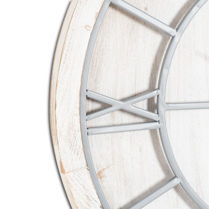Alt Tag: Williston White Wall Clock with light grey metal roman numerals on white washed wood, perfect for luxury home decor.