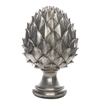 Luxury silver pinecone finial, designer modern furniture piece for premium home decor, showcasing intricate detailing and metallic finish.