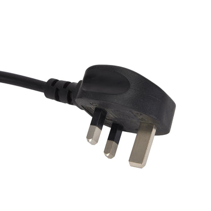 Black UK plug, standard three-prong design for electronics and appliances.