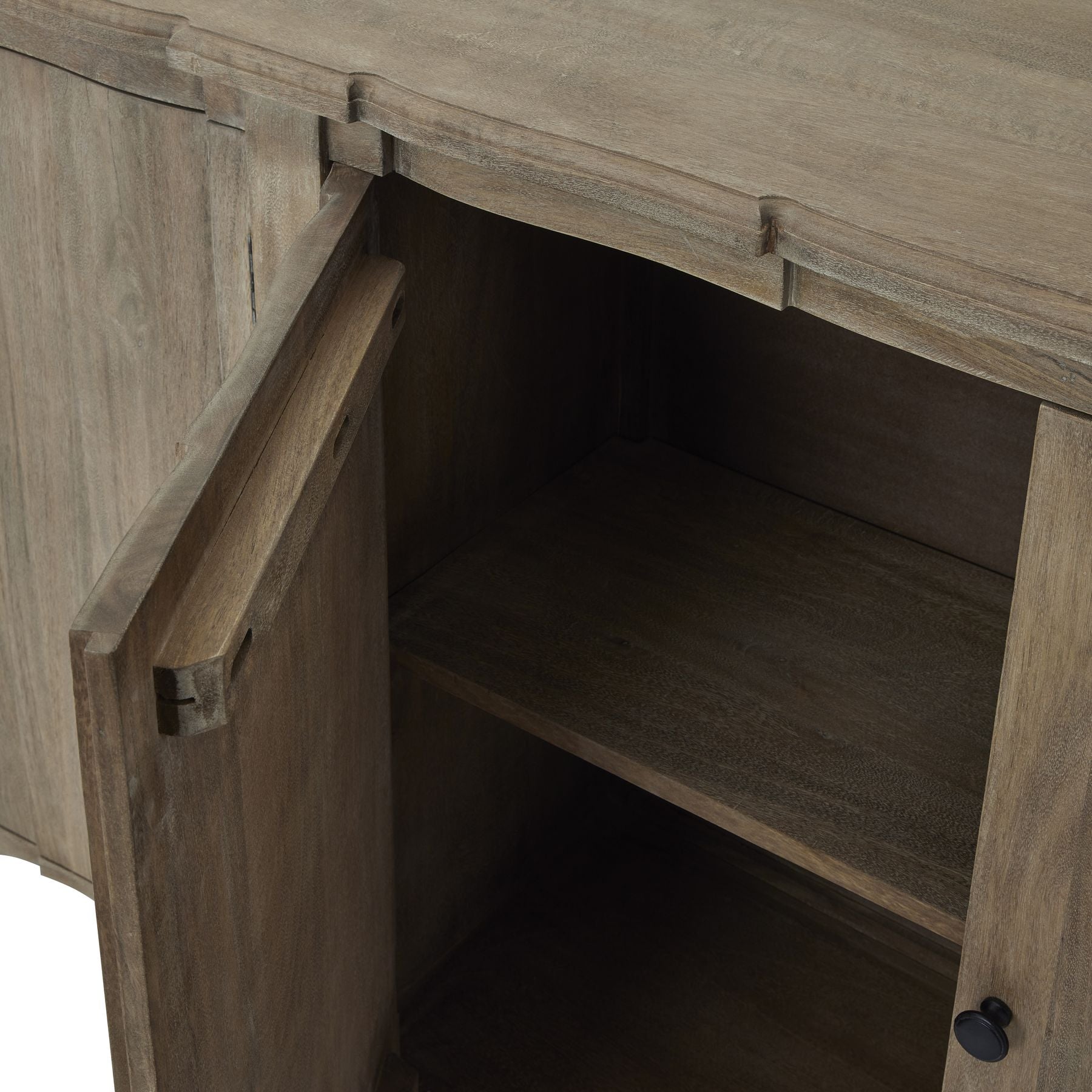Copgrove Collection 4 Door Sideboard open shows handcrafted luxury wood interior. Elegant French style, modern design. Premium furniture.