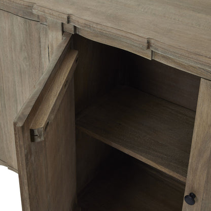 Copgrove Collection 4 Door Sideboard open shows handcrafted luxury wood interior. Elegant French style, modern design. Premium furniture.