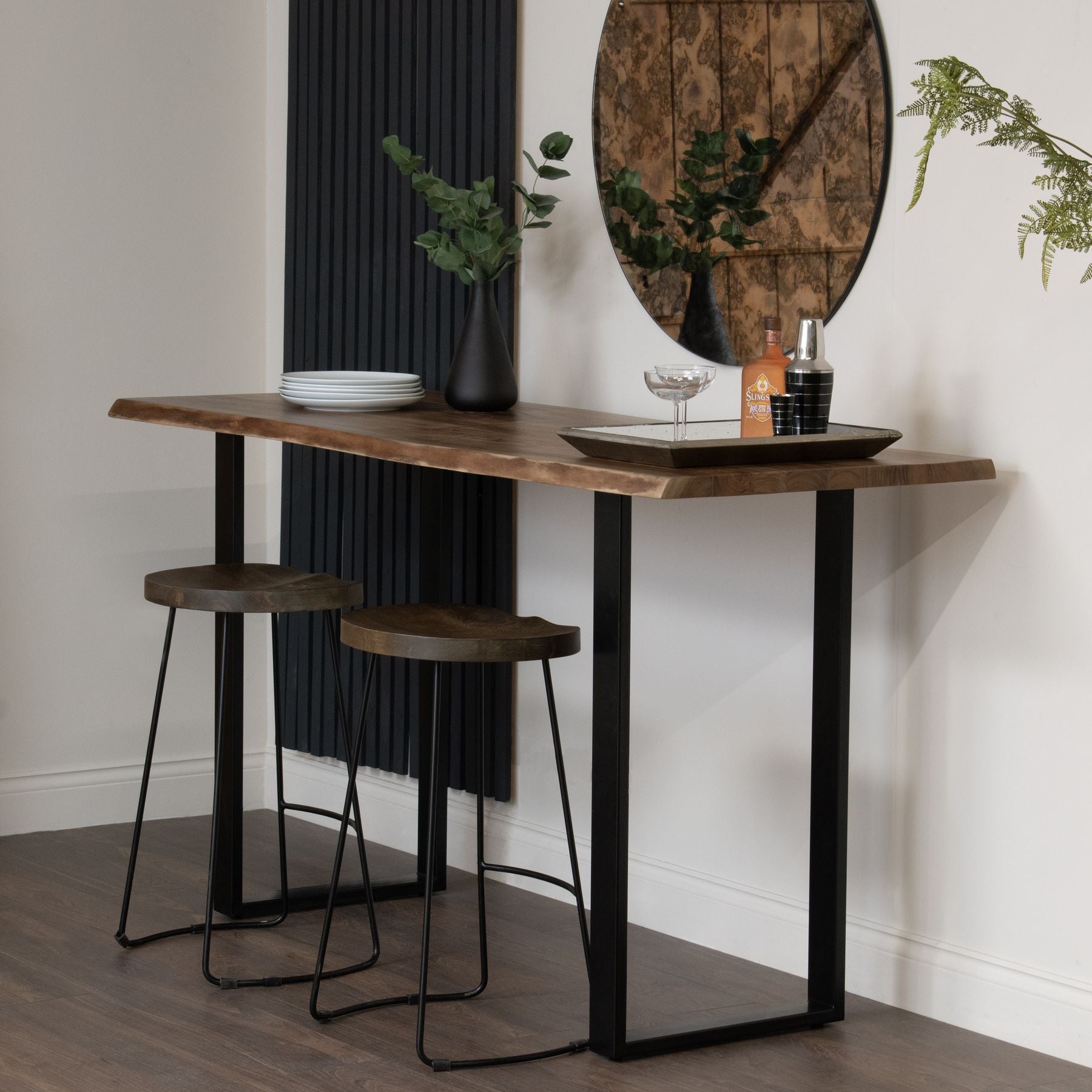 Live Edge Large Bar Table with acacia wood and metal base, perfect for luxury and designer home decor. Ideal for modern, curated interiors.